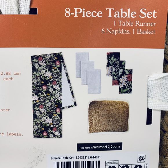 Drew Barrymore Table Runner 6 Napkins Basket Beautiful Gray + Floral 8-Piece Set - Picture 15 of 16